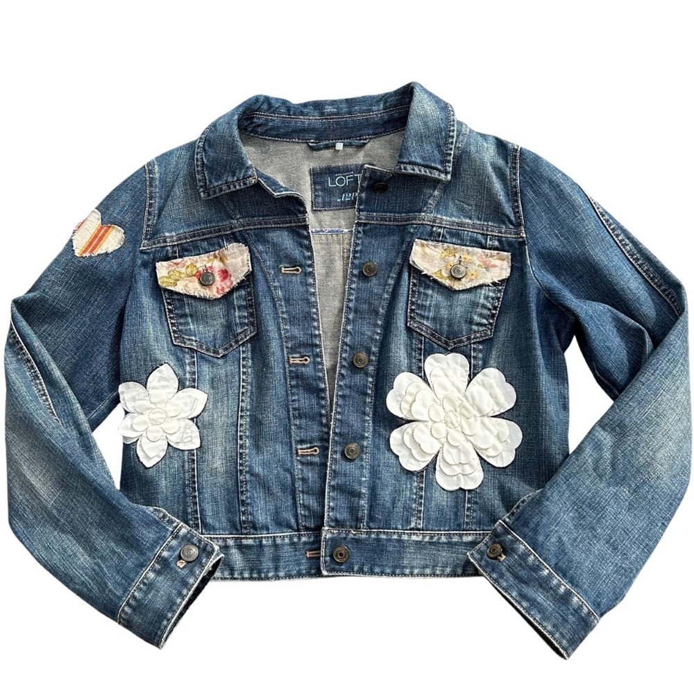 LOFT Blue Denim Jacket with Customized Floral Accents – Women’s Size 12P